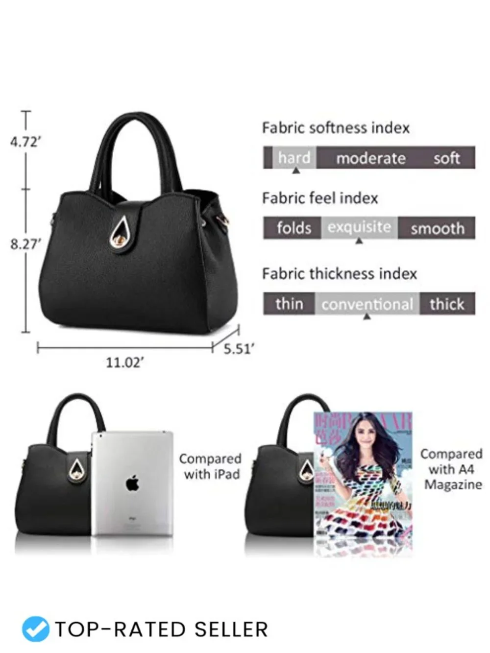 PU Leather Satchel Handbag Women Structured Top Handle Shoulder Tote Detachable